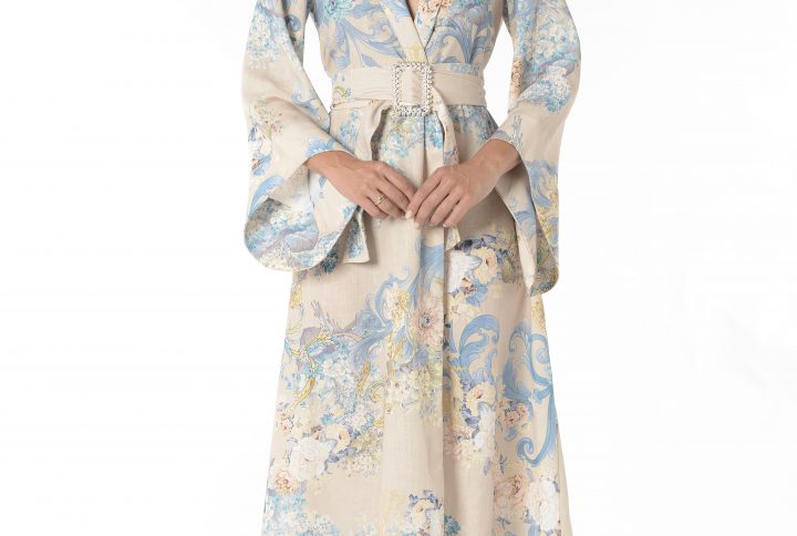 kimono floral lino estampado mujer base nude