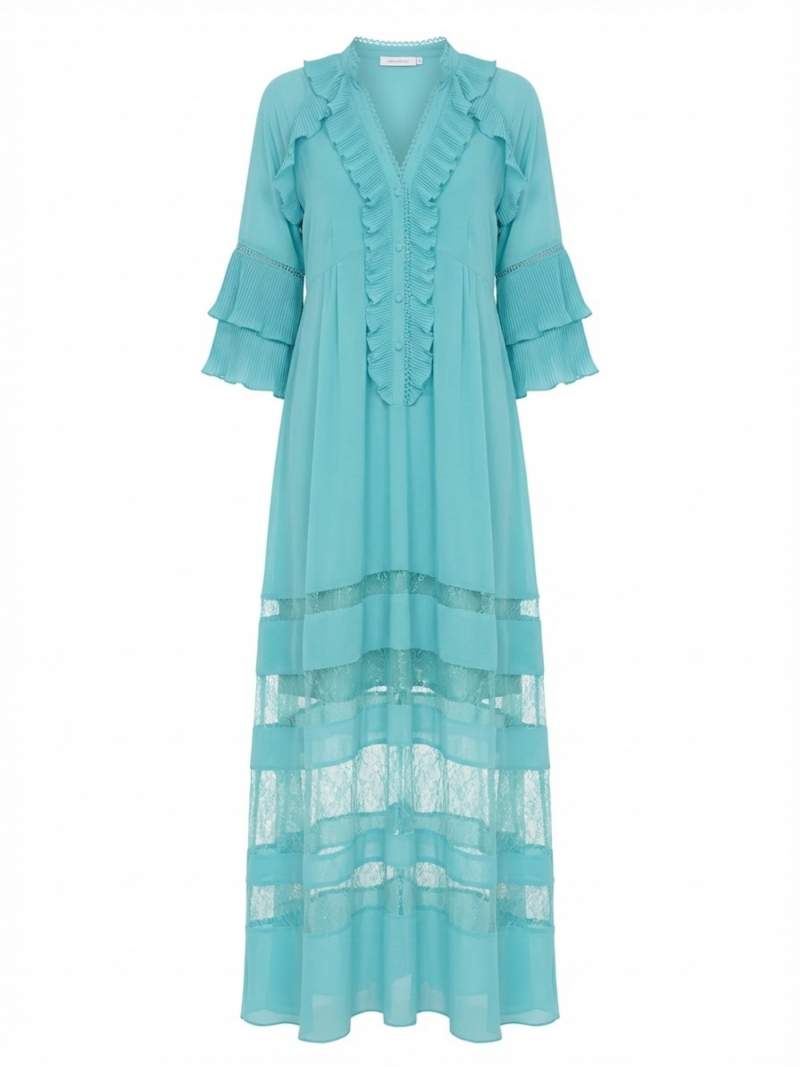 Vestido Largo Verde Agua Volantes