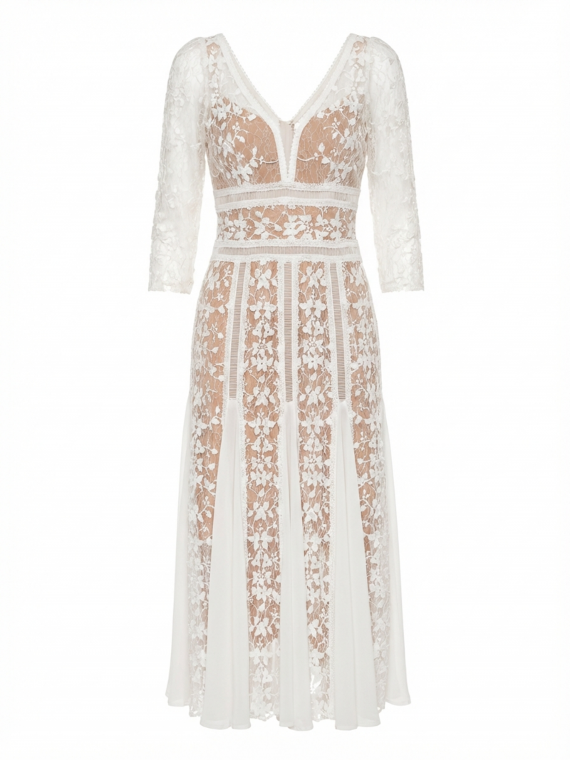 Vestido Midi Encaje Floral Blanco