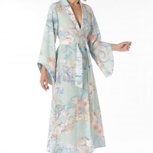 kimono largo estampado mujer lino turquesa