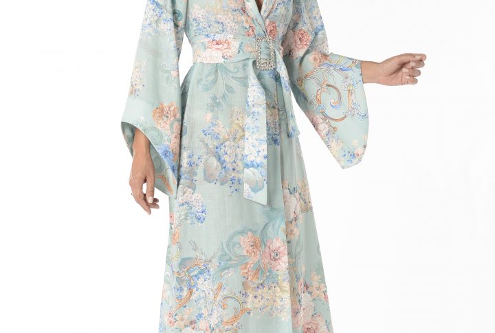 kimono largo estampado mujer lino turquesa