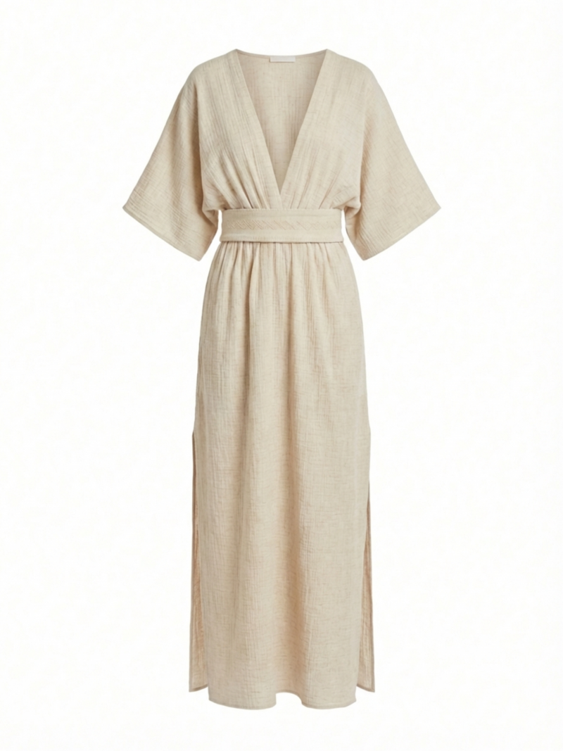 Vestido Largo de Algodón con Escote en V