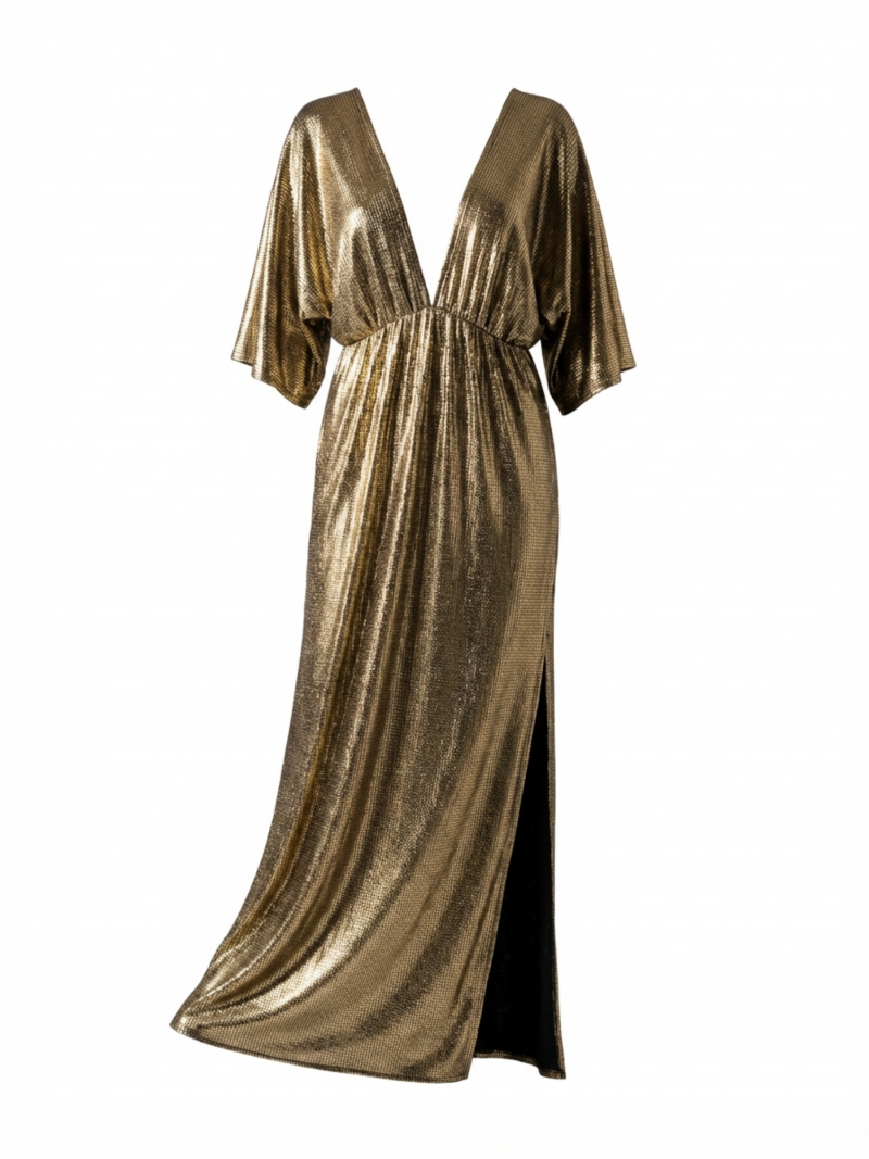 Vestido Largo Metalizado Manga Amplia
