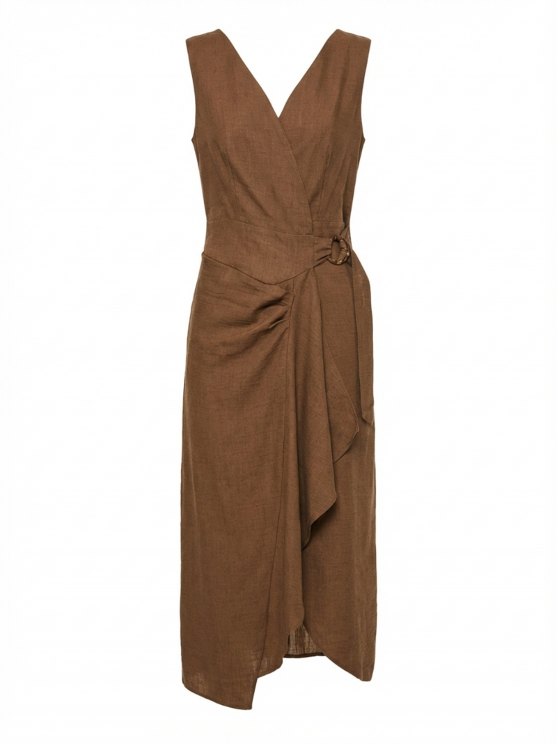 Vestido midi cruzado lino y algodón con drapeado