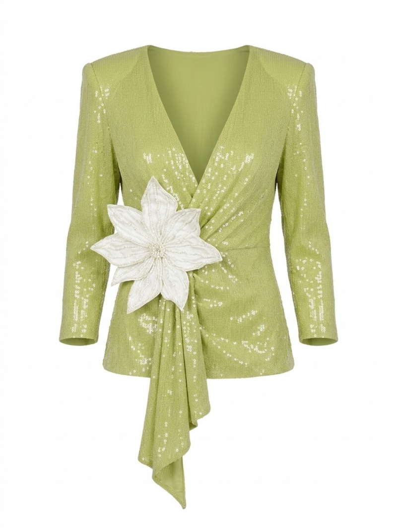 Camisa Cruzada Lentejuela Mate Flor Aplicada – MADE TO ORDER